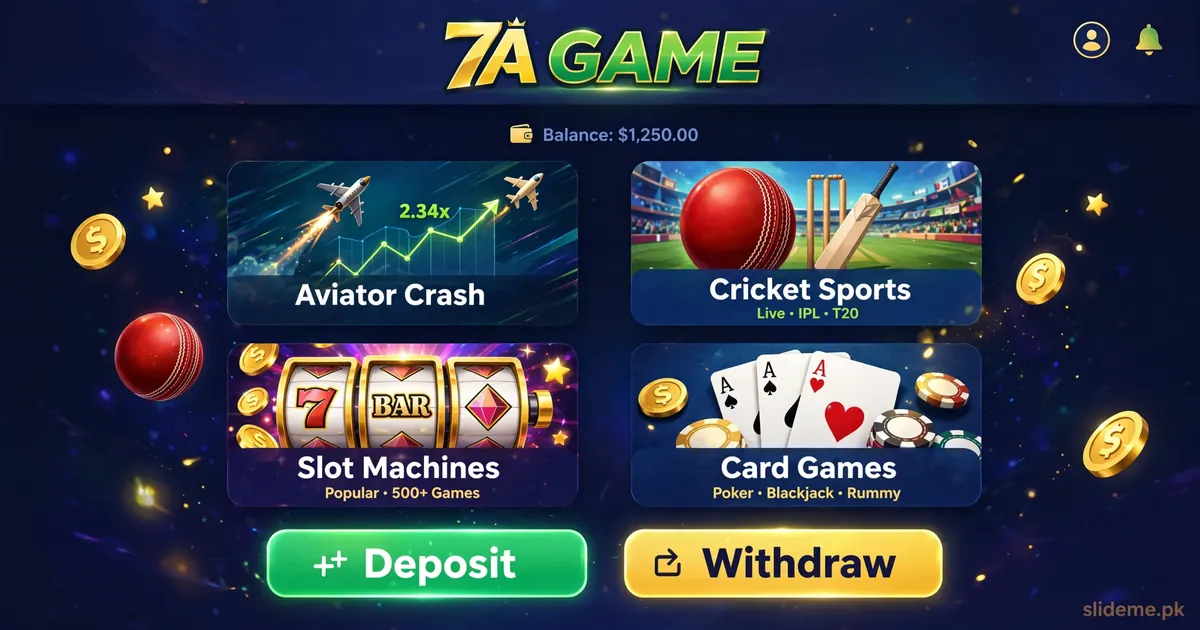 7A Game app lobby showing Aviator, slots, cricket sports and live casino game tiles