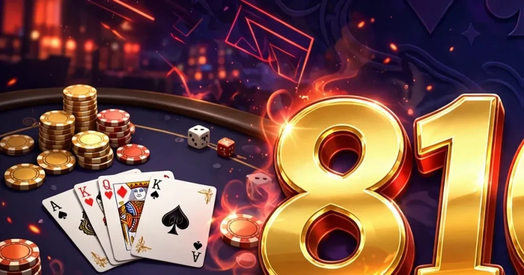 81CC Game poker banner with gold 81CC letters, playing cards and poker chips for slideme.pk