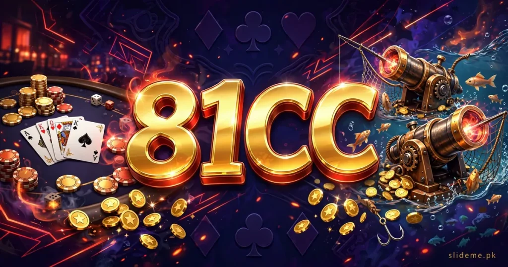 81CC Game casino banner with gold 81CC letters, cards and fishing game for slideme.pk