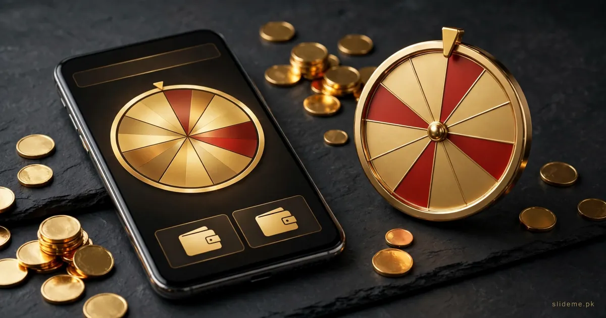 87P game app on a smartphone with a gold lucky spin wheel and wallet icons