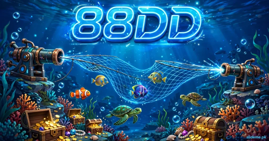 88DD Game fishing banner with neon blue 88DD letters and fishing cannons for slideme.pk