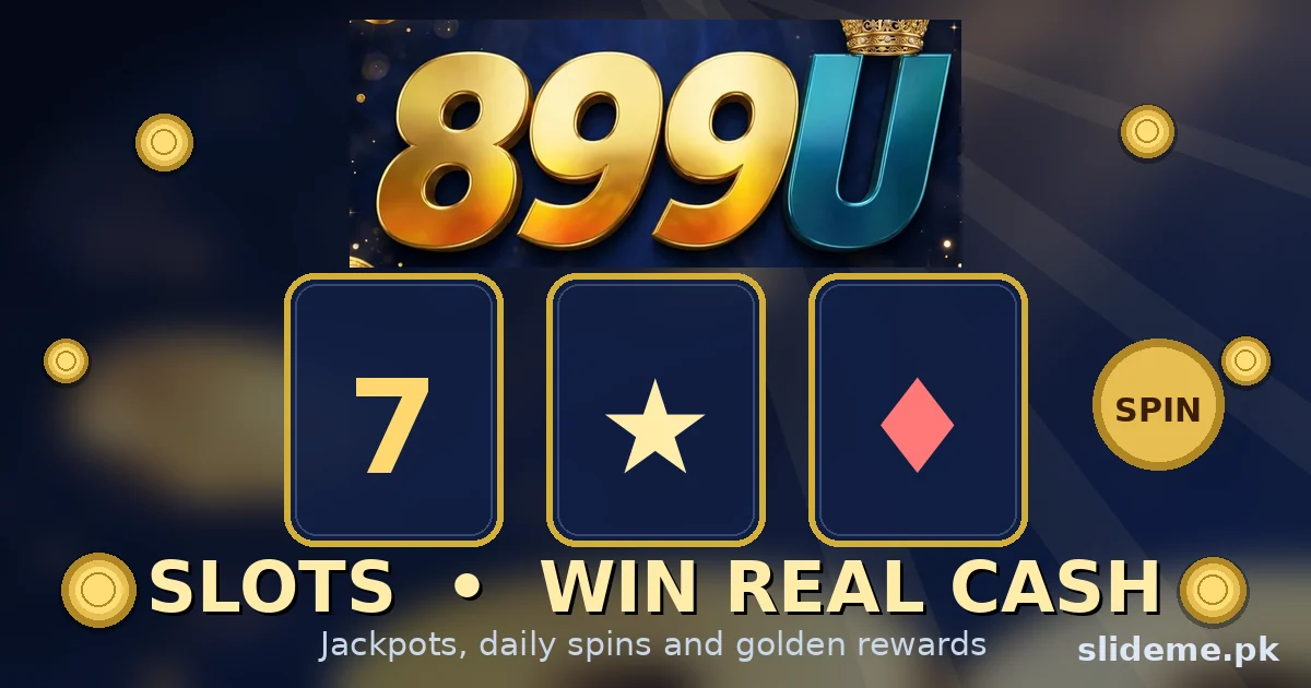 899U Game slots banner — golden slot reels and spin button on royal navy background