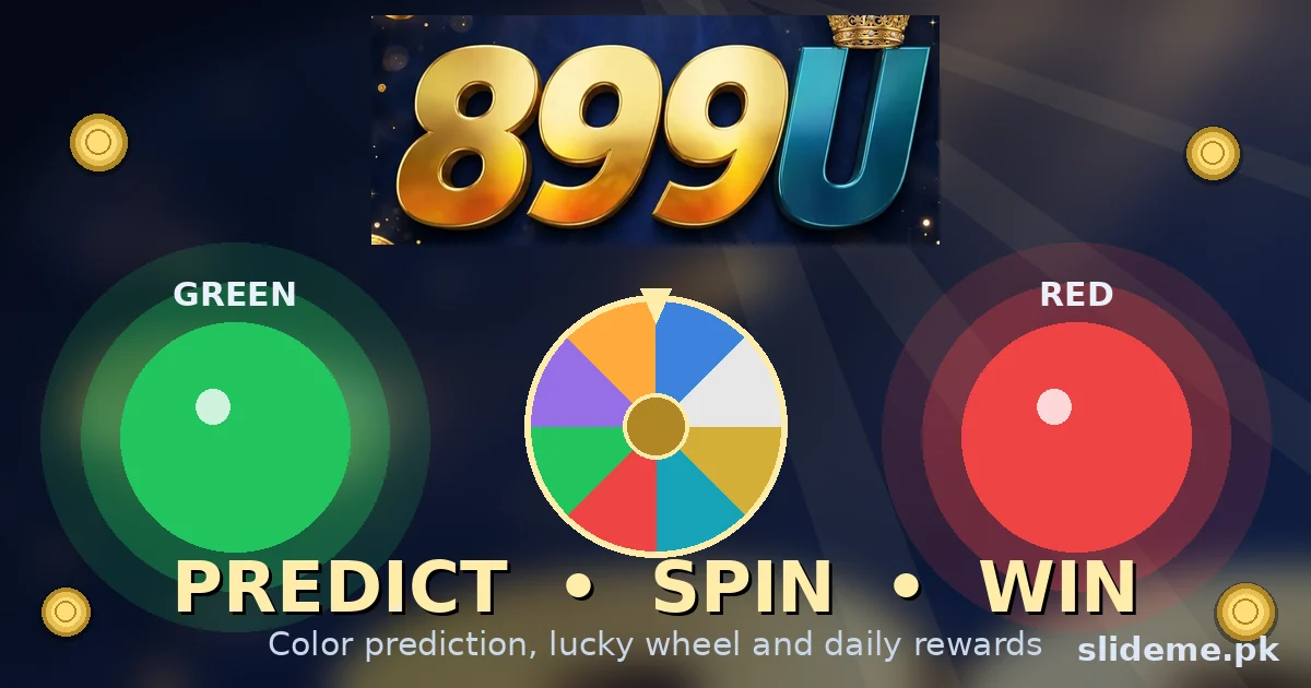 899U Game color prediction banner — green and red prediction orbs with lucky spin wheel