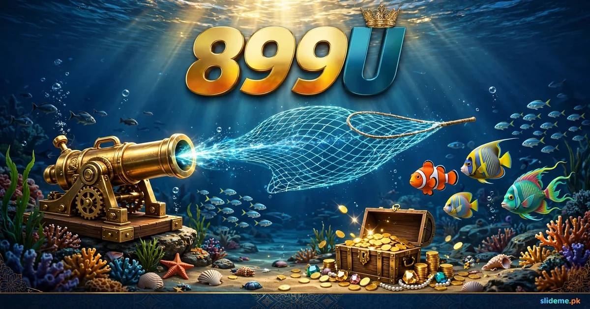 899U Game fishing banner — golden cannon shooting nets at fish over a treasure chest