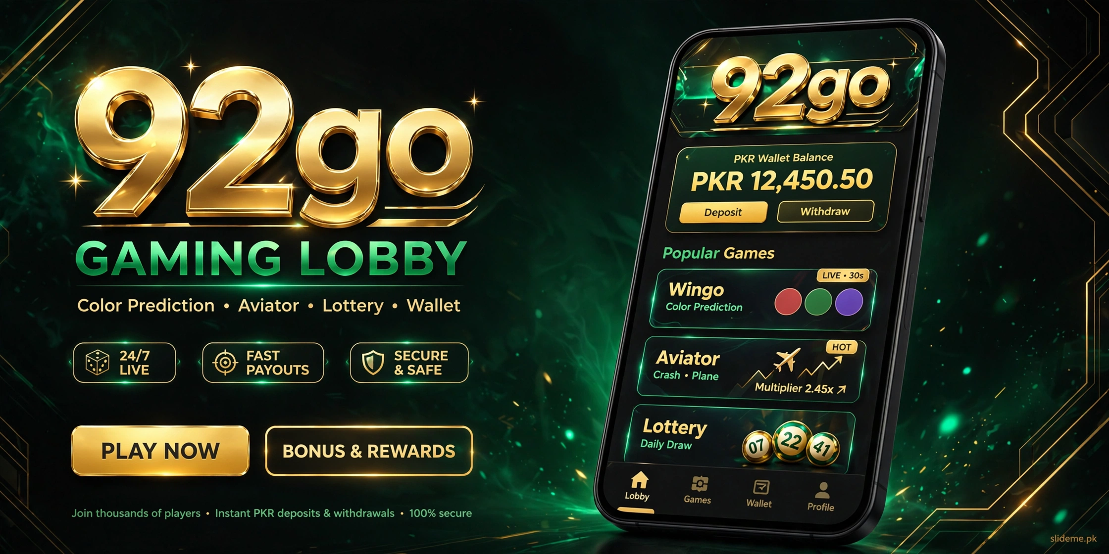 92 Go Game lobby preview — Wingo and Aviator tiles on smartphone