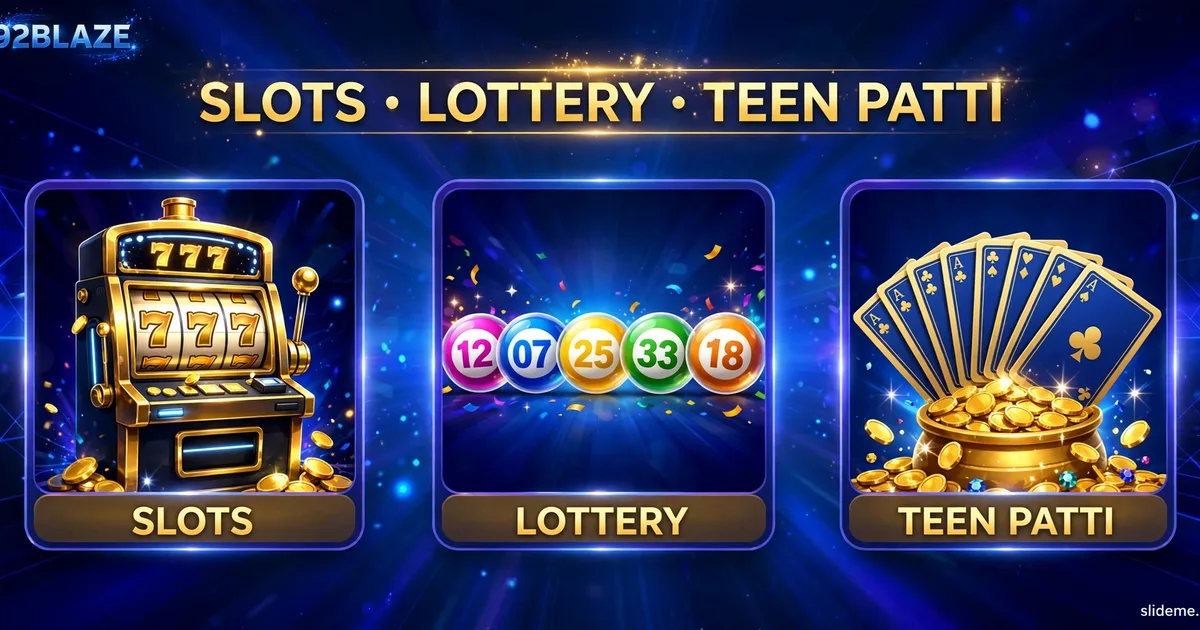 92Blaze Game bonus banner showing slots, lottery and Teen Patti game tiles with gold coins
