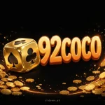 92 Coco game logo with golden dice and orange 3D lettering on black