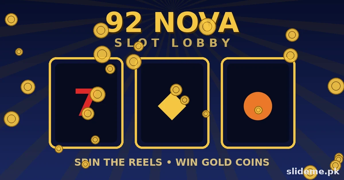 92 Nova Game slot lobby banner with gold-framed slot reels, lucky 7, diamond and coin symbols
