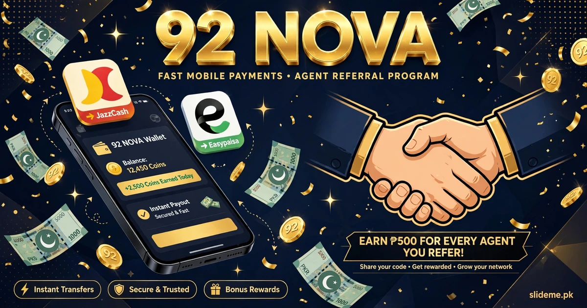 92 Nova Game payments banner — mobile wallet with JazzCash and EasyPaisa style transfers and agent referral handshake
