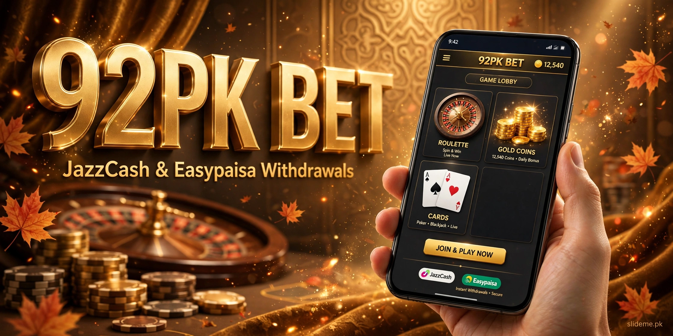 92PK Bet Game mobile lobby with cards roulette and JazzCash Easypaisa withdrawals