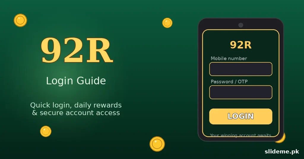 92R login and registration steps with the emerald-and-gold winged shield branding