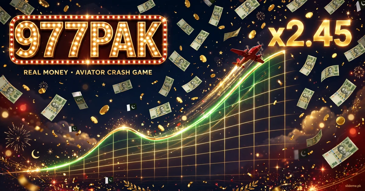 977PAK Aviator crash game banner — red airplane climbing a rising multiplier curve with PKR rewards