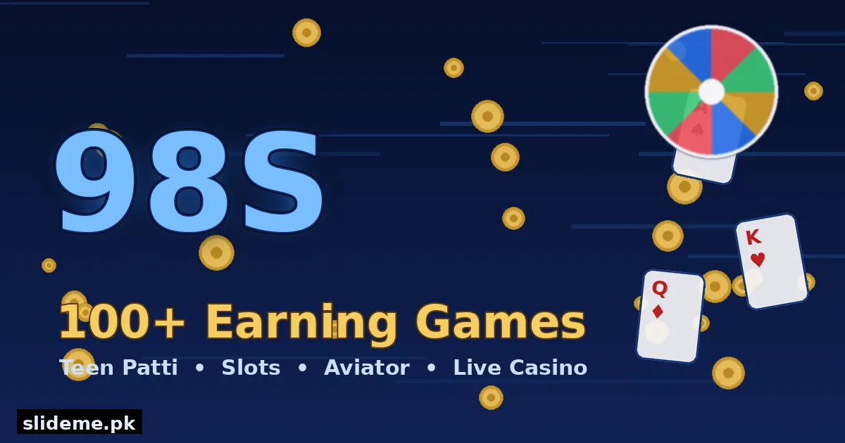 98S Game lobby with 100 plus earning games including Teen Patti, slots and Aviator