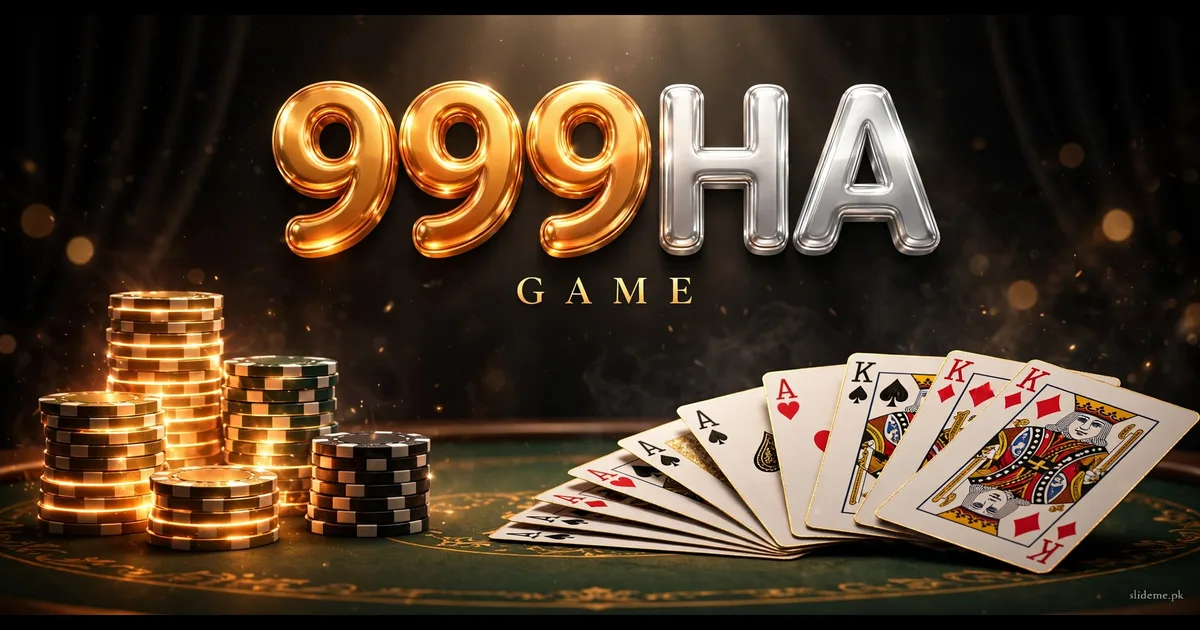 999HA Game cards banner - glossy 999HA logo with playing cards and casino chips, slideme.pk watermark