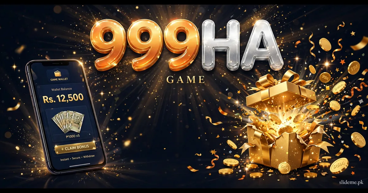 999HA Game bonus banner - 999HA logo with gift box bonus and rewards theme, slideme.pk watermark