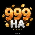 999HA Game logo - glossy gold 999 and silver HA 3D letters with gold coins on black background
