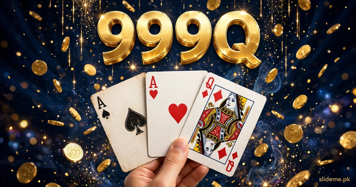 999Q Game card games banner — Teen Patti cards and gold coins under the 999Q logo, slideme.pk