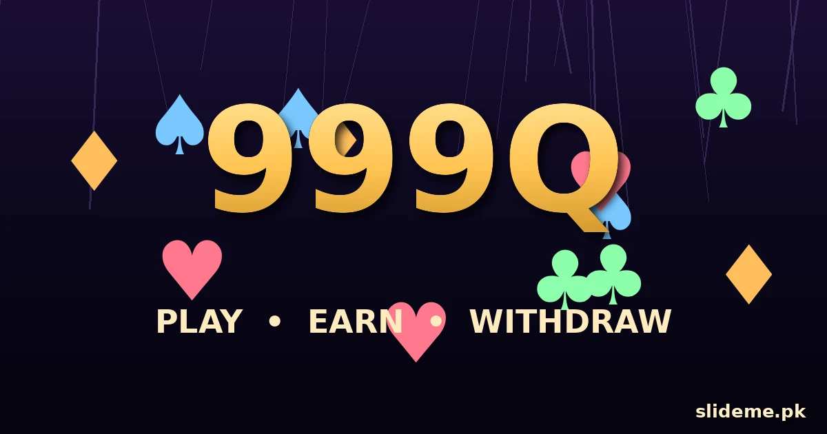 999Q Game banner — gold 999Q emblem with card suits on dark background, slideme.pk