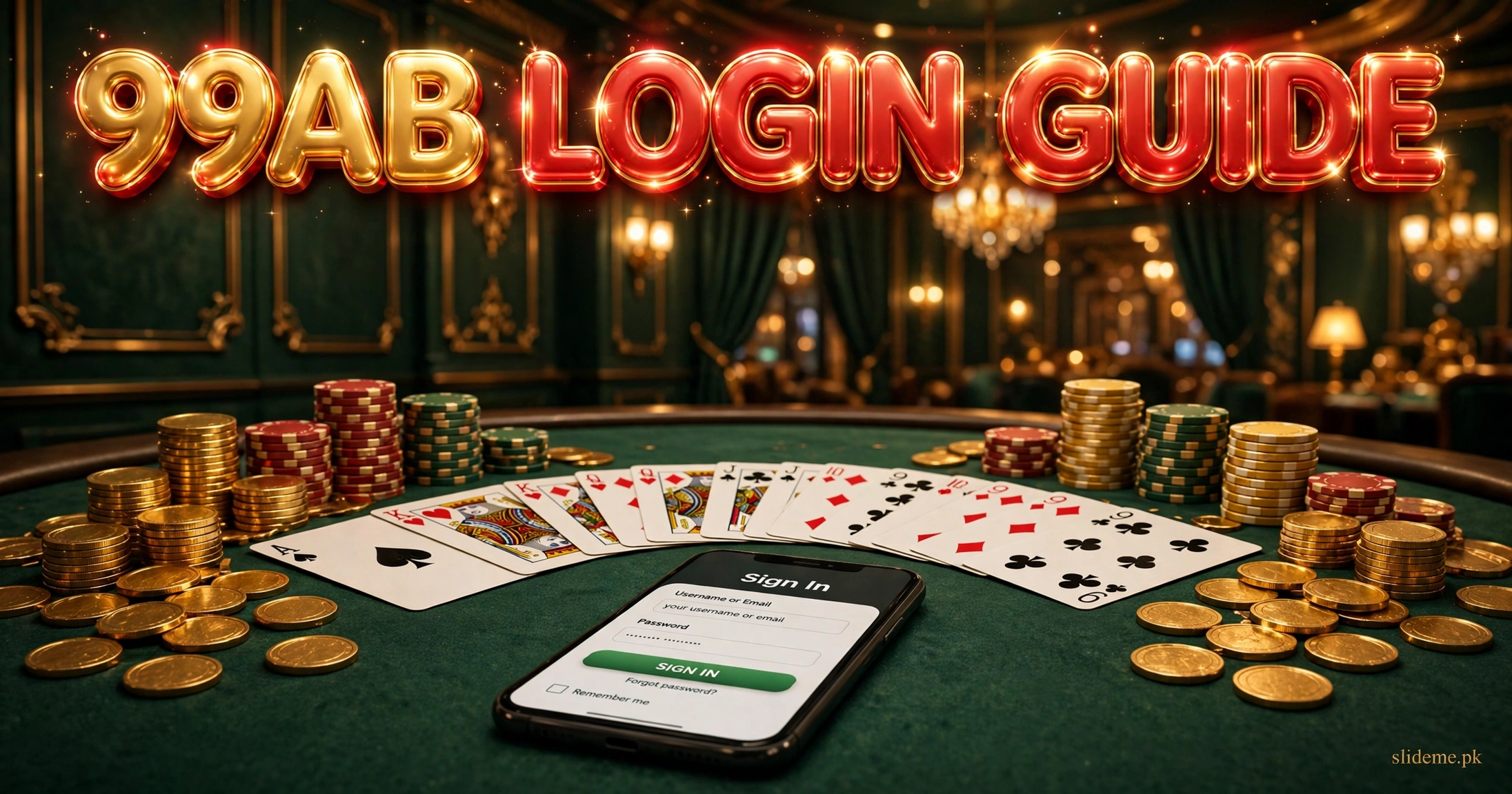 99AB game login guide — green casino table scene with gold coins, chips and cards around a phone showing the login screen