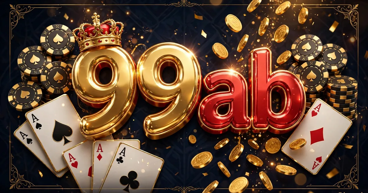99AB glossy 3D bubble logo banner — gold 99, red ab, golden crown and casino chips