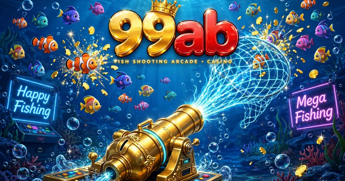 99AB fish-shooting arcade banner — golden cannon and colorful cartoon fish