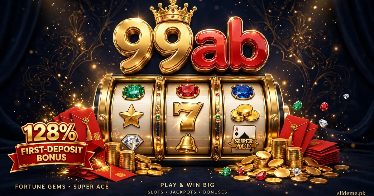 99AB slot games banner — golden slot symbols, gems and 128% deposit bonus
