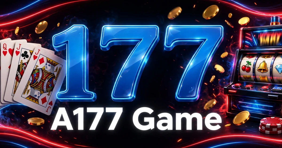 A177 Game casino games banner showing playing cards, slot machine and red poker chips