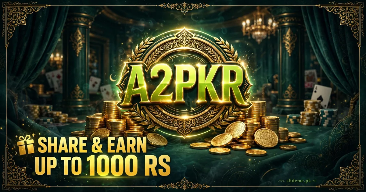 A2PKR share and earn banner – earn up to 1000 RS referral promo with gold coins on dark green