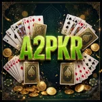 A2PKR Game APK – glowing A2PKR logo with gold coins and playing cards on dark green background