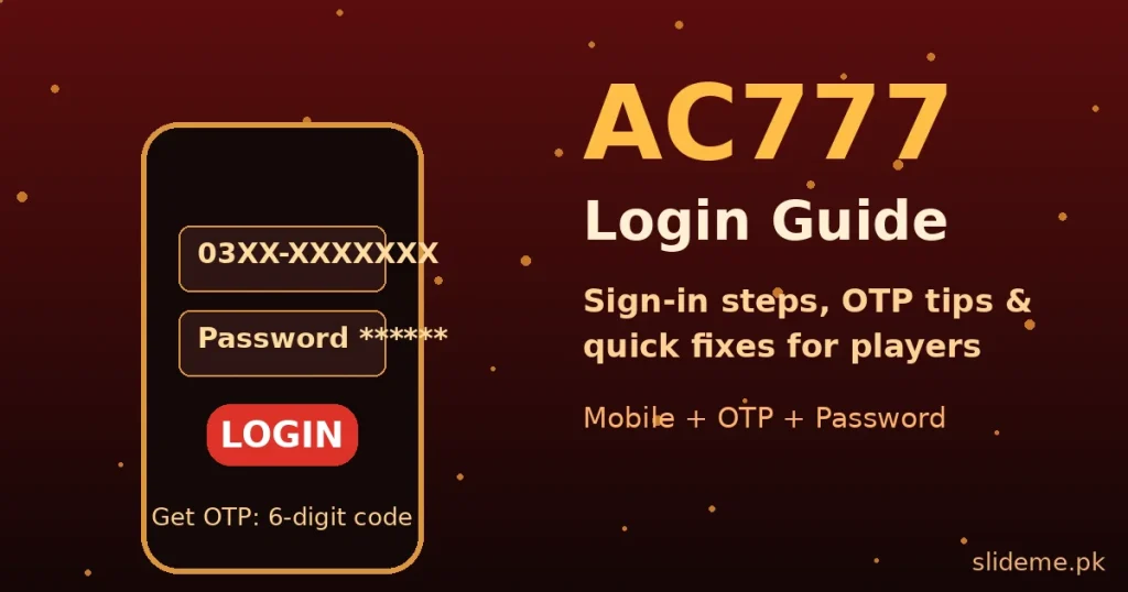 AC777 login guide — phone login screen with OTP fields in red and gold