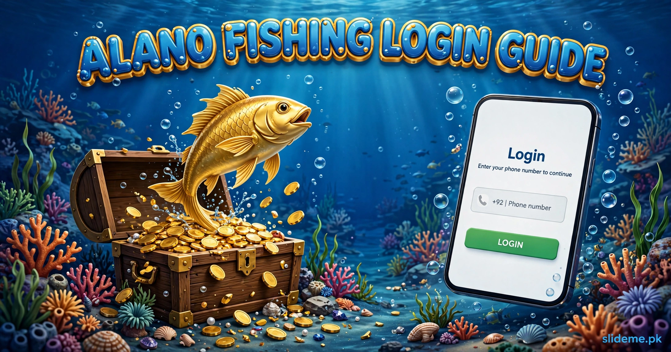 Alano Fishing login guide — golden fish jumping from a treasure chest next to a phone showing the login screen