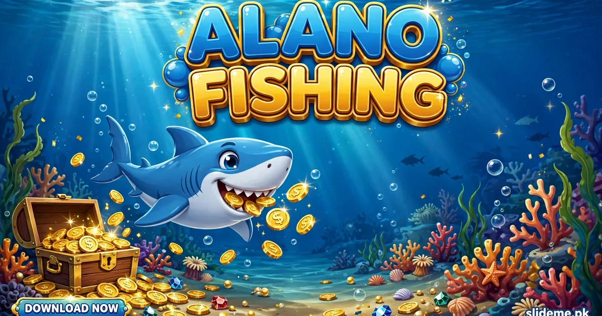 Alano Fishing cartoon shark biting gold coins under the sea — bubbly blue 3D logo banner