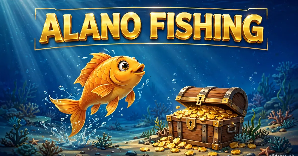 Alano Fishing golden fish and treasure chest of gold coins banner — golden-yellow 3D logo