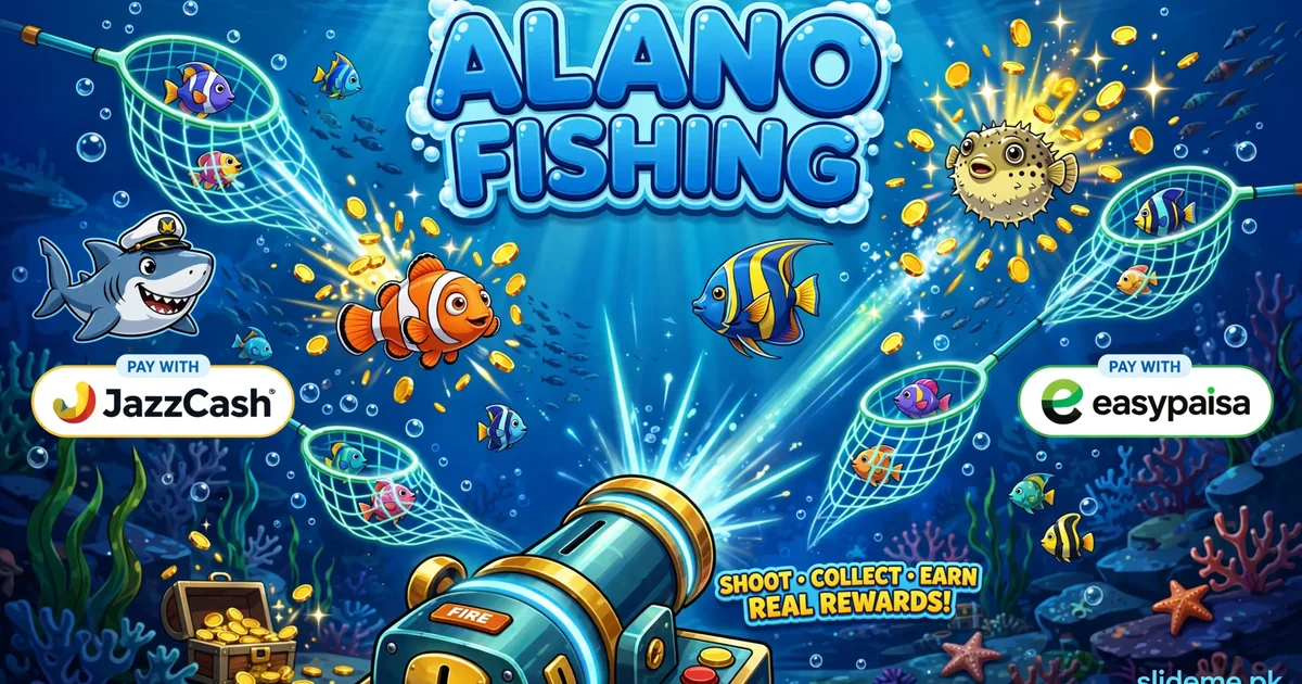 Alano Fishing fish-shooting arcade cannon gameplay banner — JazzCash and EasyPaisa payments