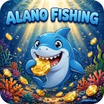 Alano Fishing cartoon blue shark biting a gold coin — bubbly blue 3D logo app icon