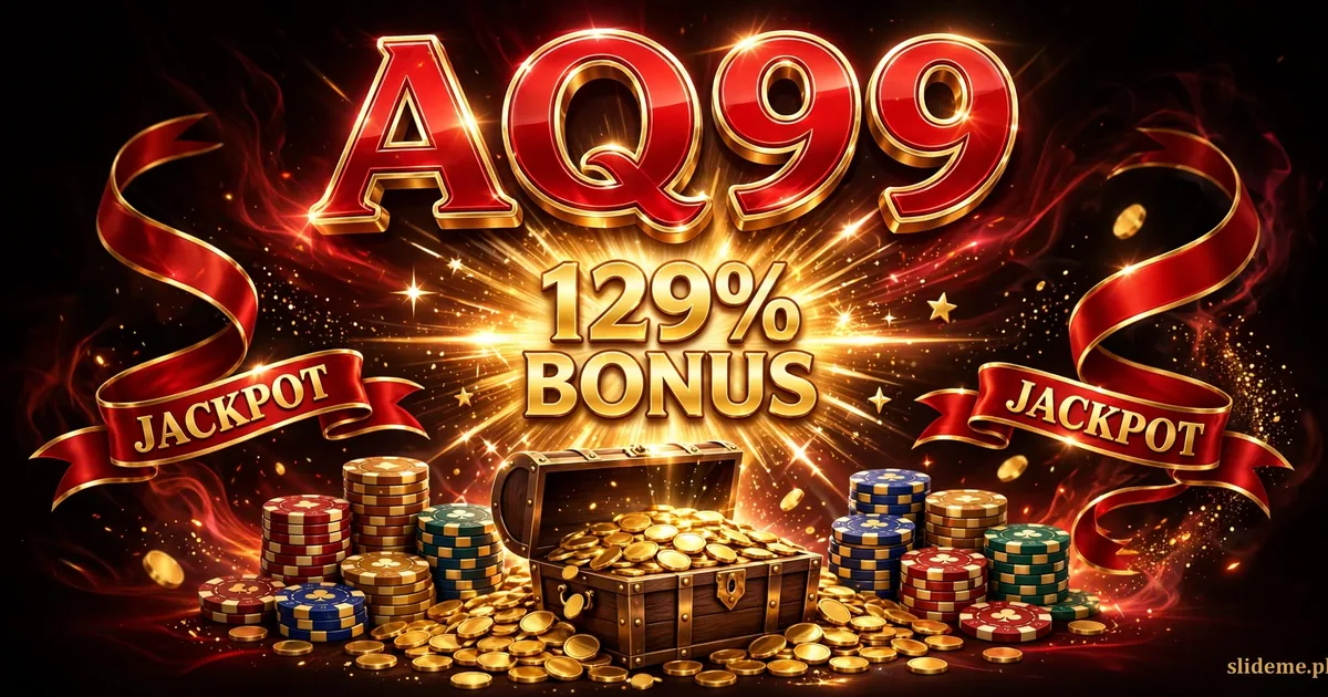 AQ99 Game bonus banner — 129% bonus badge, gold coins and gift boxes, slideme.pk