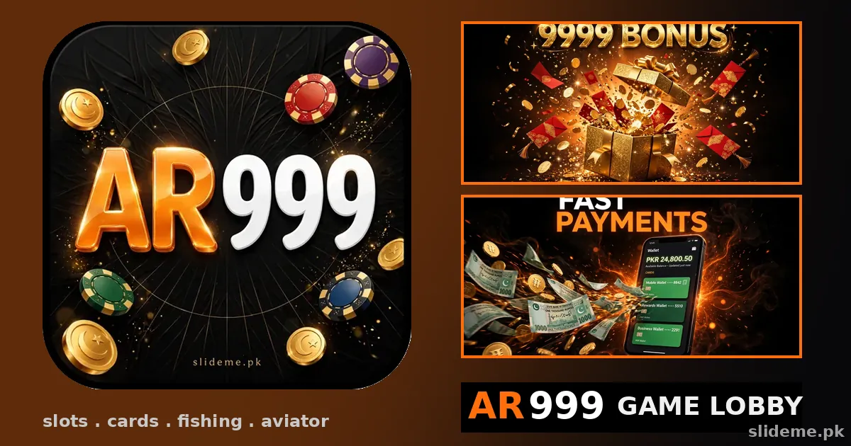 AR999 Game lobby showing AR999 logo with slots, Teen Patti card games, fishing games and Aviator rounds, slideme.pk