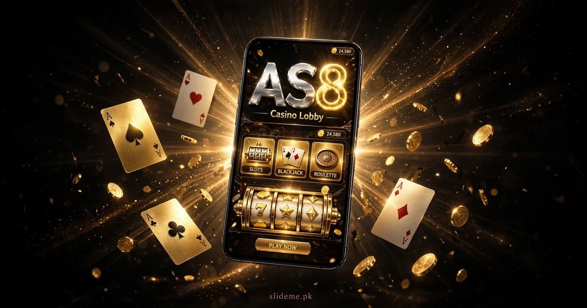 AS8 Game app lobby banner – casino games on a smartphone with gold coins, playing aces and slideme.pk branding