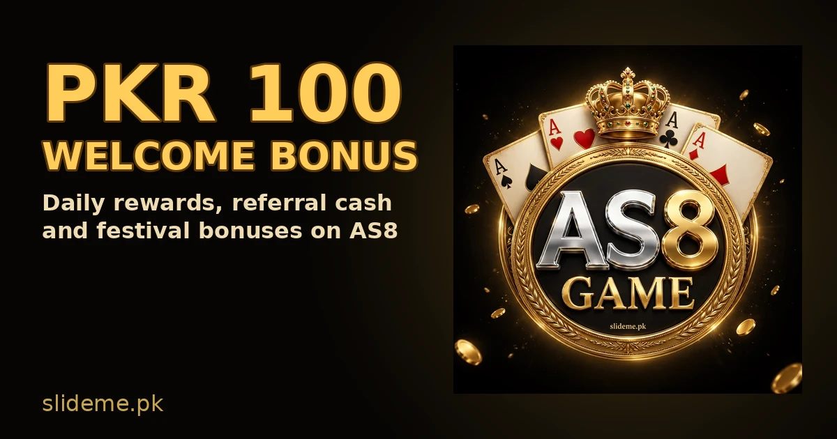 AS8 Game PKR 100 welcome bonus banner – gold AS8 emblem with bonus headline and slideme.pk branding