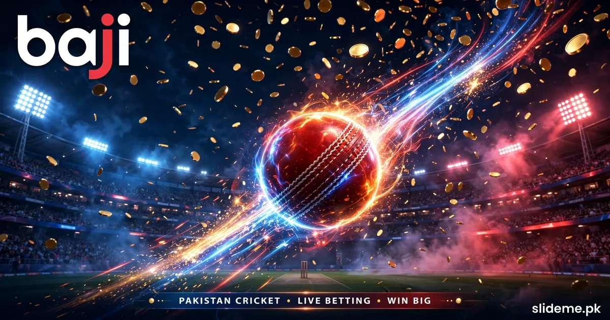 Baji Game cricket sportsbook banner with live PSL match action and night stadium lights