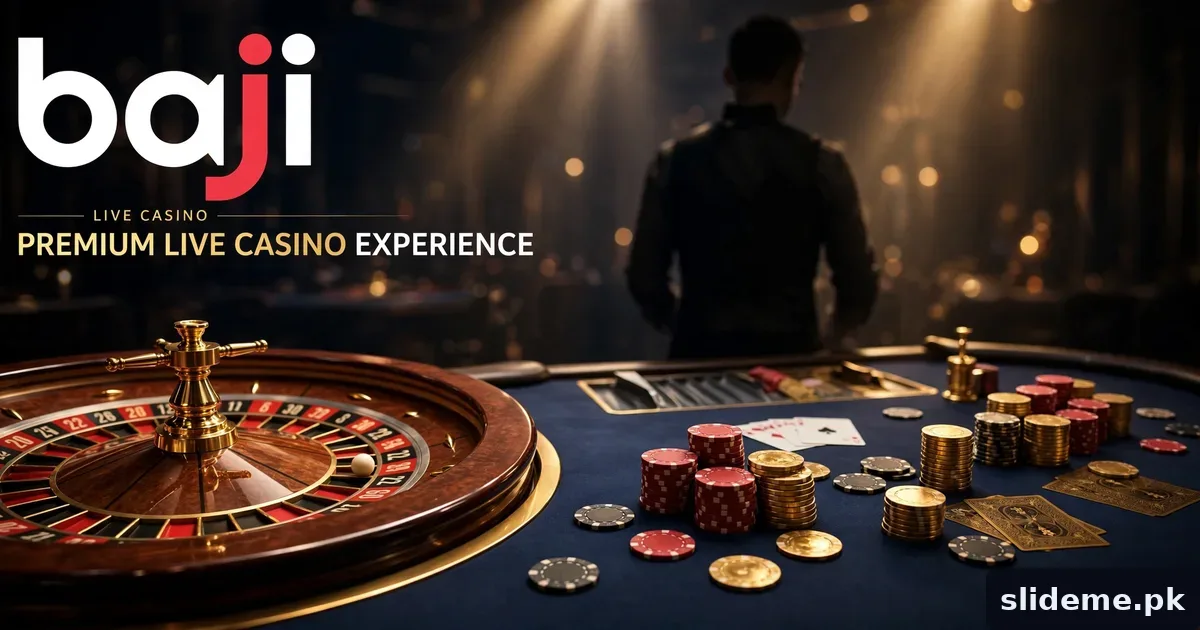 Baji Game live casino banner with roulette wheel, baccarat table and gold chips