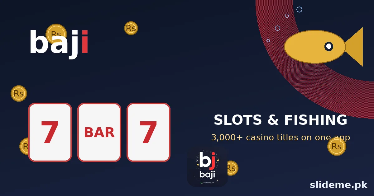 Baji Game slots and fishing games banner with slot reels and golden fish