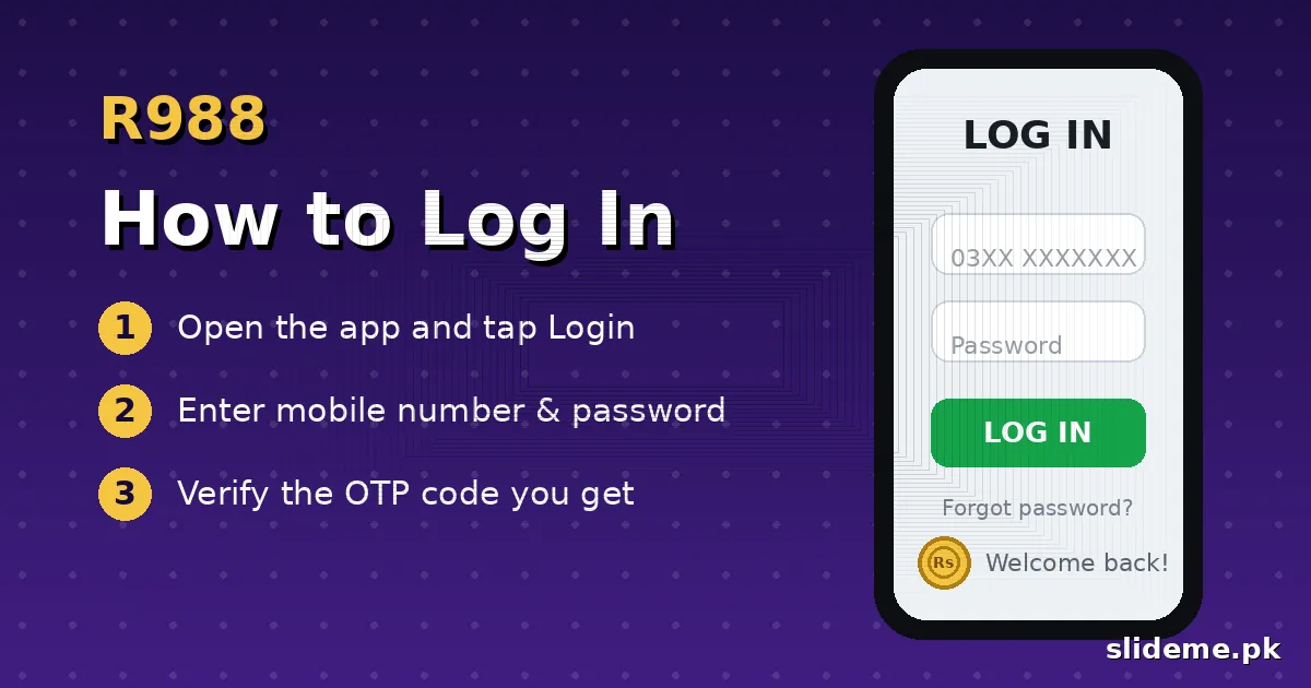 How to log in to R988: open the app, enter mobile number and password, complete OTP verification