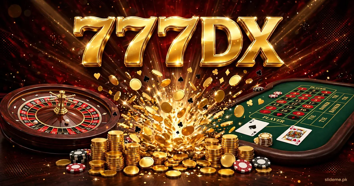 777DX Game bonus banner with roulette wheel, baccarat table and bursting bonus coins, slideme.pk