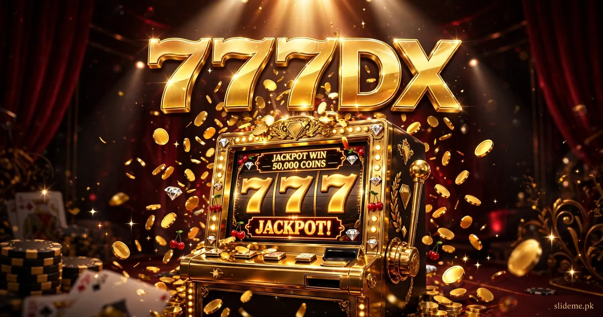 777DX Game slots banner with a golden slot machine showing 777 jackpot and raining gold coins, slideme.pk