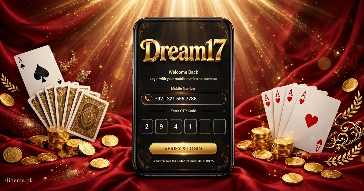 Dream17 mobile app login screen with OTP verification boxes, gold playing cards and coins on crimson silk