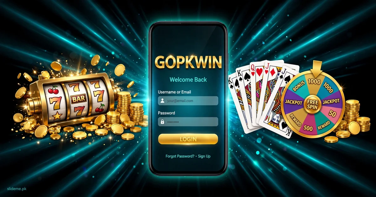 GOPK Win sign-in screen banner with slots, cards and lucky spin wheel