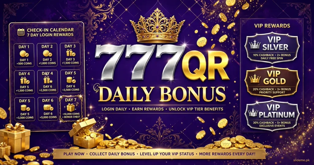 777QR game welcome bonus, daily rewards and VIP cashback promotion banner