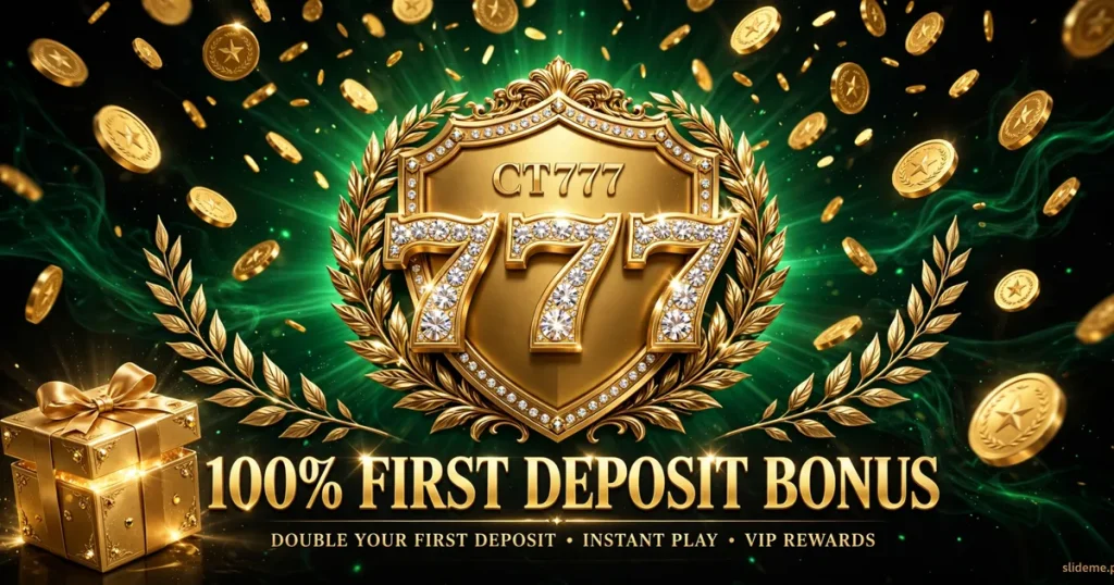 CT777 Game bonus promotion banner showing 100 percent first deposit bonus up to Rs 3,000 with gold coins