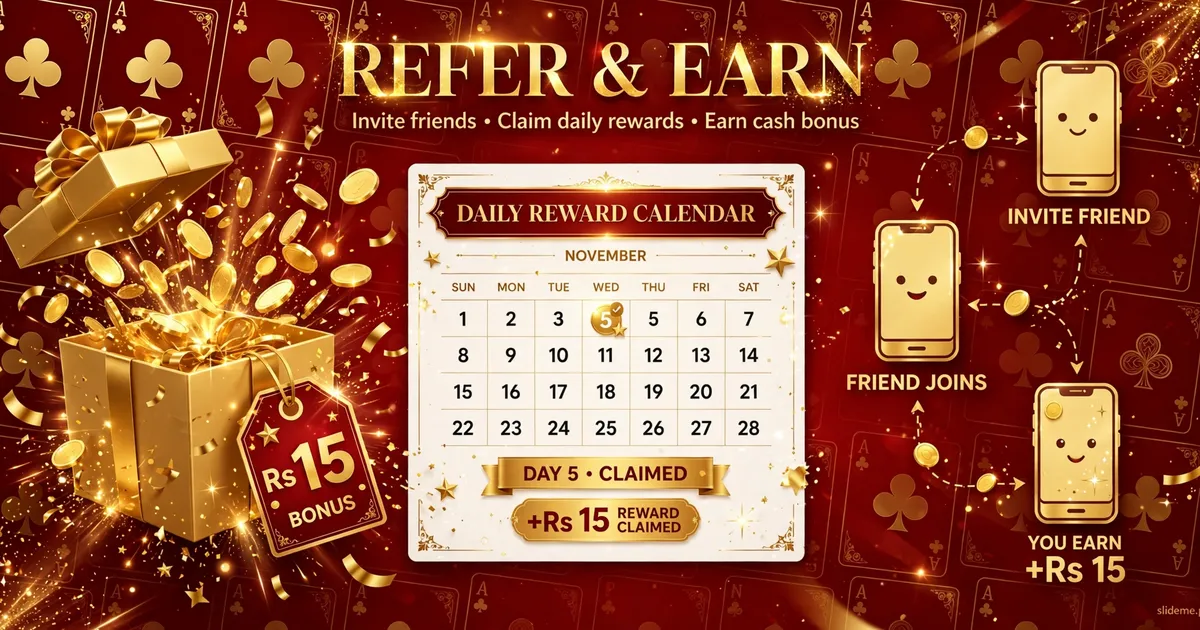 Teen Patti Happy Club Rs 15 signup bonus gift box with daily reward calendar and refer and earn rewards